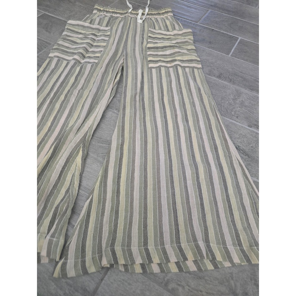 Free People Jones Beach Womens Striped Wide Leg Cotton Pants Green Cream‎ Small - Picture 3 of 10